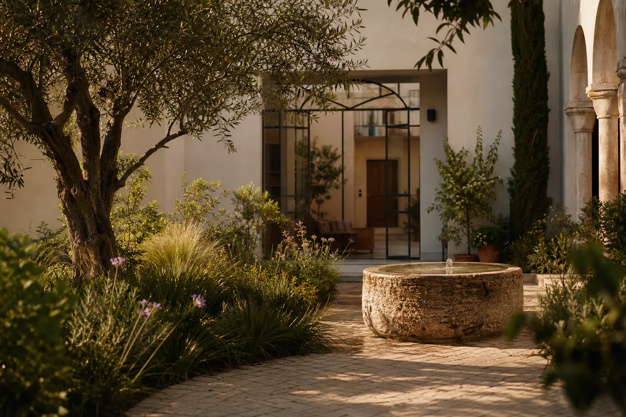 Wide view of a fully landscaped property with mature planting and stone pathways