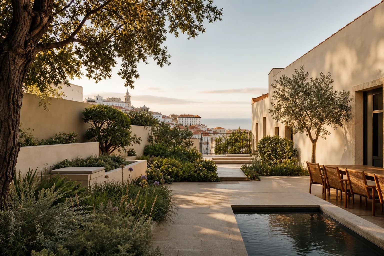 Wide view of a transformed residential property with layered planting beds and stone pathways